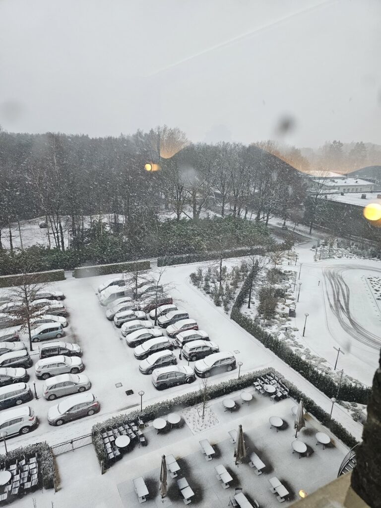 A snowy view from our room