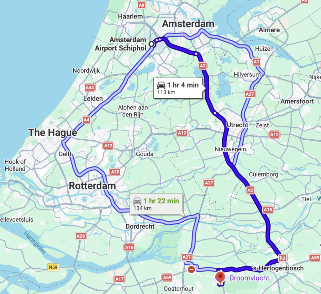 Google Maps screenshot of journey from Schipol to Efteling